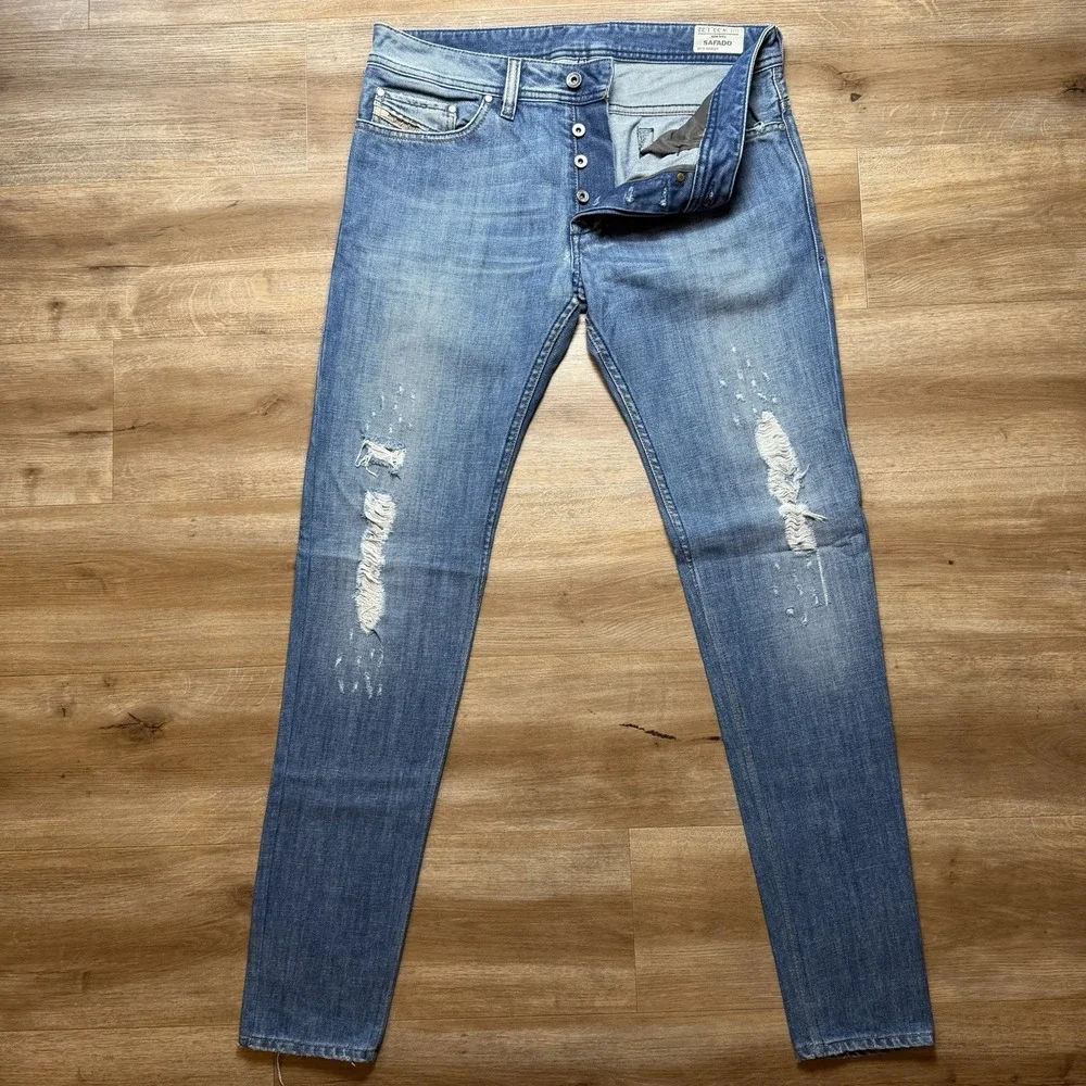 Diesel Safado Jeans Men 33x32 Blue Slim Straight Distressed Denim Button Fly 8AR